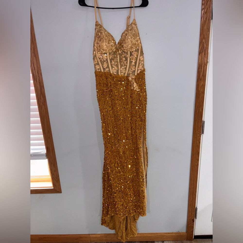 Gold Sequin Evening Gown - Strapless Corset Bodice